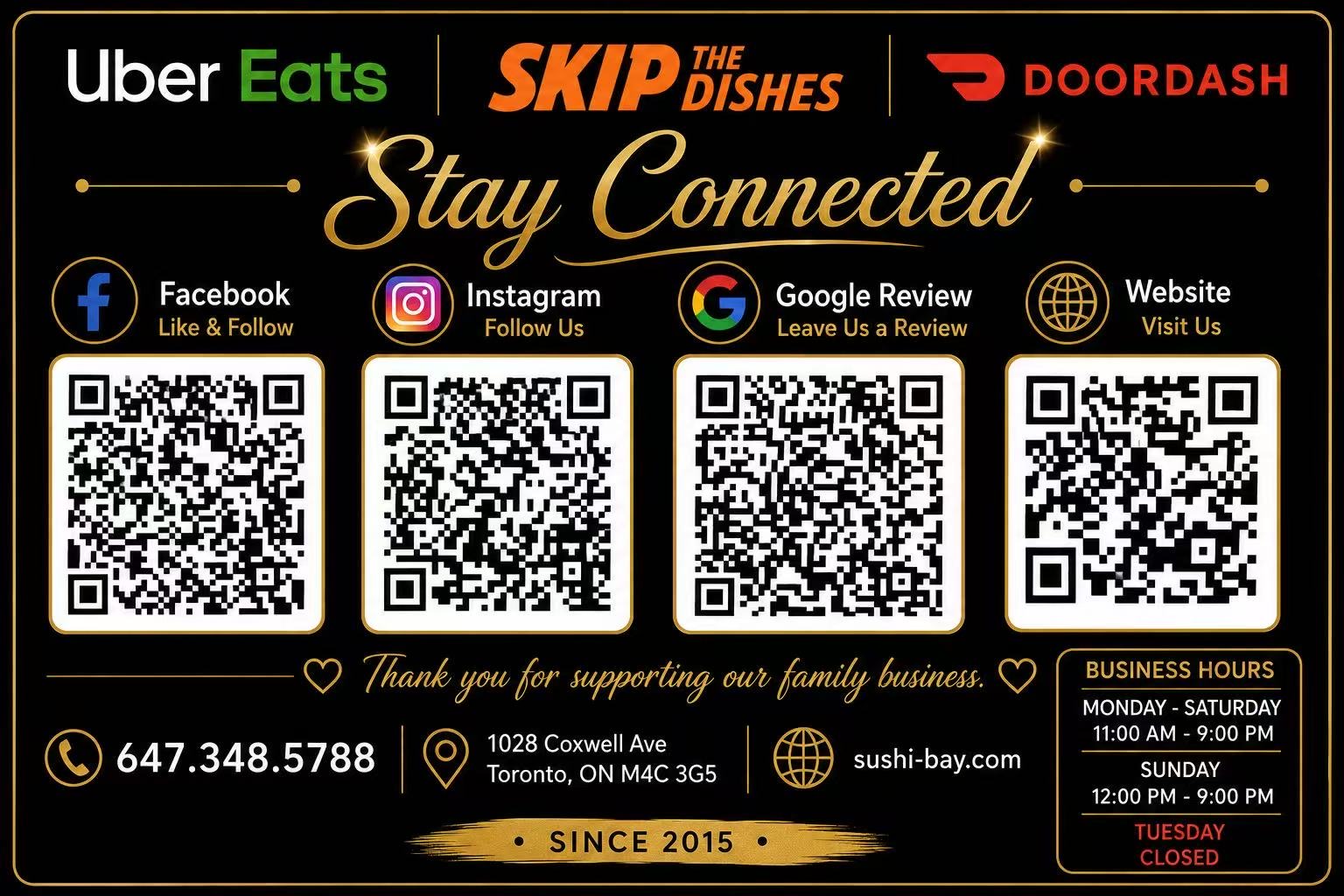 Sushi Bay Stay Connected QR Codes and Business Info